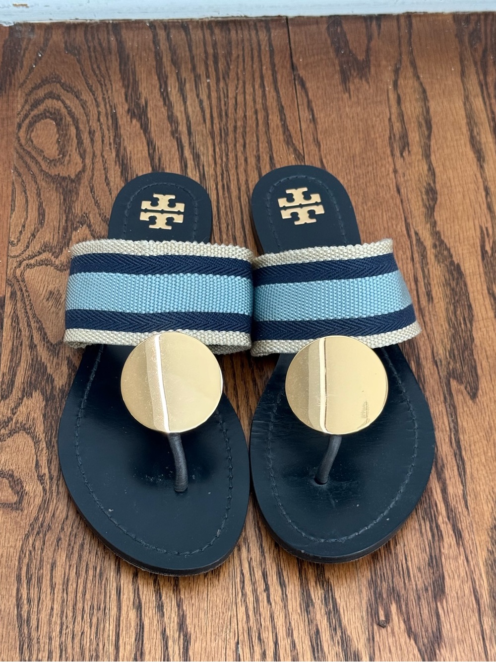 Tory Burch Patos Disk Sandals Blue Stripe size 7.5 luxe summer designer gold